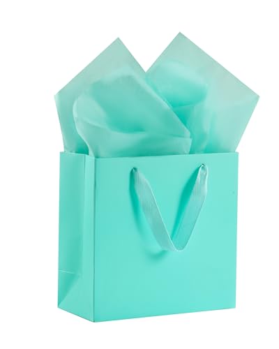 KEYYOOMY Teal Blue Small Gift Bags with Handles Wide Bottom Gift Bags with Tissue Paper Party Favor Bag Goodie Bag (10CT 6x6x4 In Teal Blue)