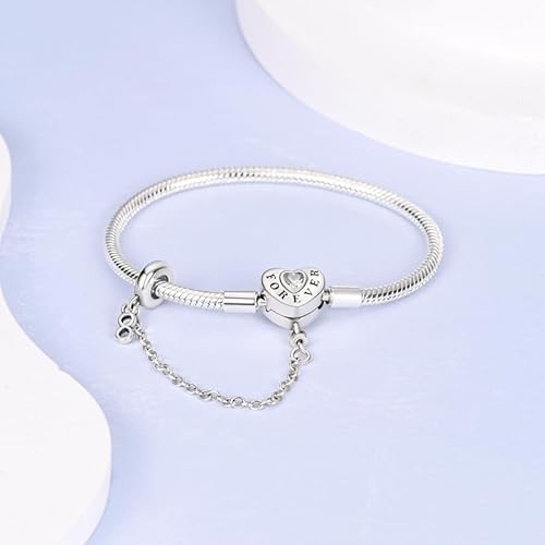 Forever Love Heart Clasp Snake Chain Charm Bracelets with Safety Chain 925 sterling silver Jewelry Bracelet Fits Any Charm for Women 18 Cm - Image 2
