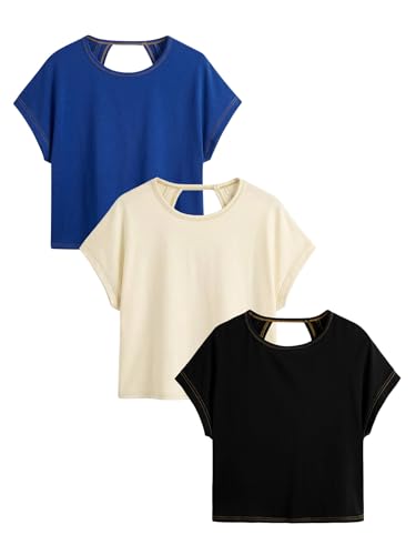 Image of RoseSeek Women's 3 Packs Open Back Tops T Shirt Criss Cross Cut Out Tee Short Sleeve Crewneck Summer Backless Tops