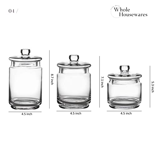 Whole Housewares Glass Apothecary Jars With Lids - Set Of 3 For Bathroom Storage, Qtip & Cotton Swab Holder, Laundry Room & Makeup Desk Organization #TOP1