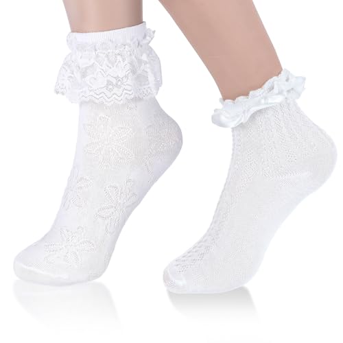 2 Pairs White Ruffle Socks for Women Turn-Cuff Lace Frilly Ankle Sock Comfortable Cotton Princess Socks