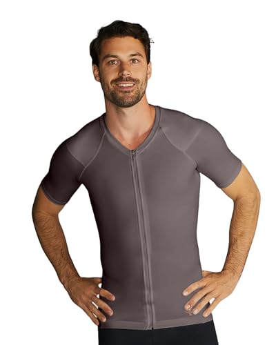 Tommie Copper Mens Short Sleeve Compression Shirt with Front Zipper – Full Back & Shoulder Support, Posture Corrector - Slate Gray, Large
