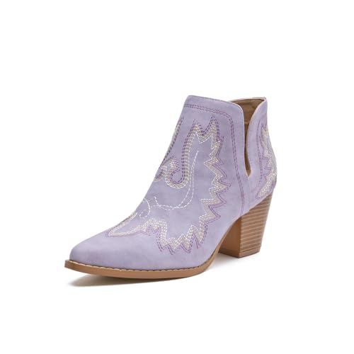 Image of SelRoys Cowboy Boots for Women Cowgirl Ankle Western Embroidered Stitched Pointed Toe Cutout Chunky Heels Short Booties Red Brown Black US5-11