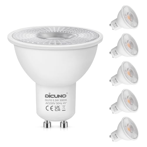 DiCUNO GU10 LED Bulbs Warm White 3000K, 5.5W 340LM Energy Saving GU10 LED Light Bulbs, 50W Halogen Spotlight Equivalent, Non-dimmable for Home Lighting Decor, 45° Beam Angle, 6 Pcs