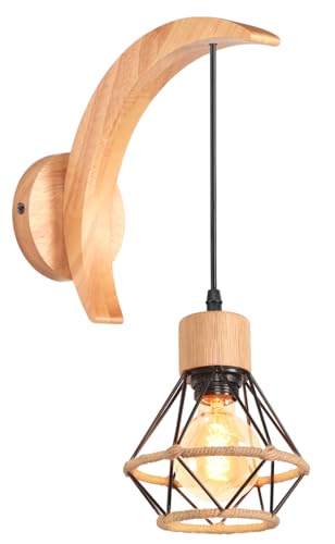 Lampada da Parete Industriale Vintage Applique da Parete E27 in Corda di Canapa Lampada a Muro Regolabile Metallo e Legno 16CM per Camera da Letto Corridoio(Applique in legno-A-1 pezzo)