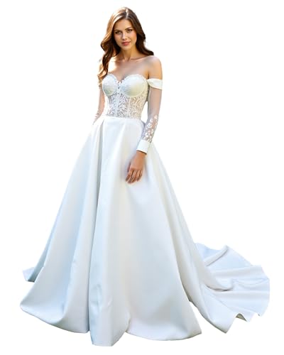 ZOOYYUE Brautkleid A Linie,Damen Off Shoulder Meerjungfrau Brautkleider Lang V-Ausschnitt Kristalle Perlen Glitzer Hochzeitskleid Mit Schleppe...