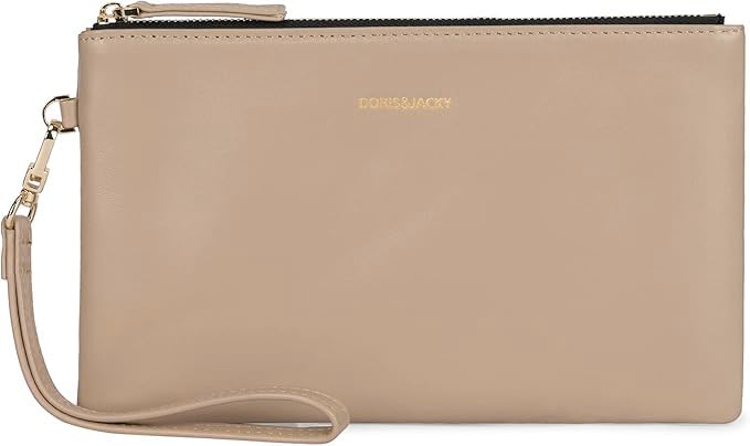 DORIS&JACKY Small Leather Wristlet Clutch Purse for Women Slim Thin Designer Goatskin Cell Phone Pouch Bag with Strap