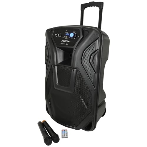 qtx BUSKER-15 | Rechargeable Battery Powered Portable PA with 2 Wireless Microphones and Bluetooth Connectivity, 15-Inch