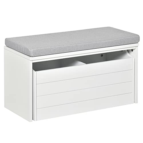 HOMCOM Banc de Rangement avec Coussin Gris - Meuble à Chaussures - Banc à Chaussures avec Grand tiroir Double Compartiment - MDF Blanc