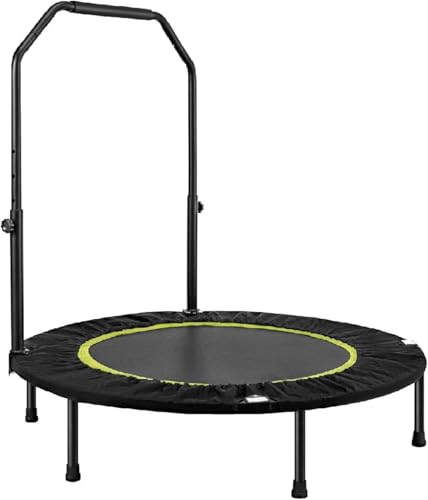 BREEZENEST Foldable Fitness Trampoline for Adults - Max 400lbs Capacity Steel Frame Exercise Rebounder with Adjustable Handrail Indoor Outdoor Mini Trampoline for Home Gym Workout (Black&Green 40)
