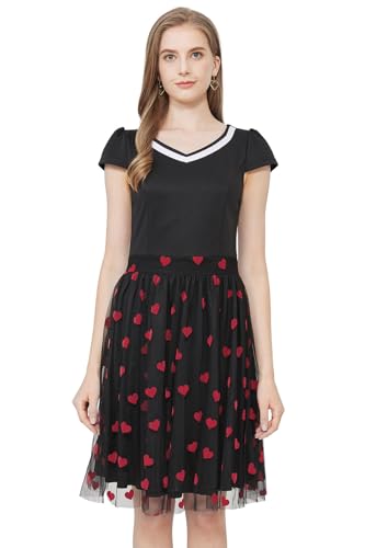 AXOE Damen Rockabilly Kleider Festliche Rock n Roll Tüllkleid A Linie Cocktailkleid Hochzeitsgast Schwarz mit Rot Herzmuster F08, Gr.42, XL