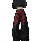 Generisch Baggy Jeans Herren Weites Bein Denimhose Mit Stickerei und Taschen Y2K Sporthose Lässige Sporthose Lockere Passform Outdoorhose Oversize Jeanshose Trainingshose