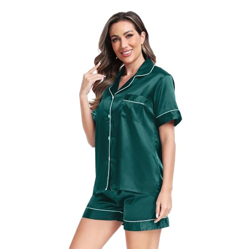 Teemie Conjunto de Pijama para Mujer Dos Piezas Ropa de Dormir Manga Corto Sexy Botones Camiseta Set Suave Pantalones Top Verano Casa Descanso Verde Oscuro L