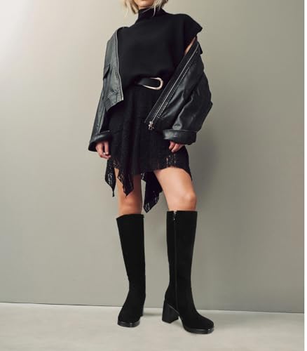 Image of SOVANYOU Black Leather Boots Platform Boots for Women Fashion Square Toe Chunky Block Heeled Boots Side Zip