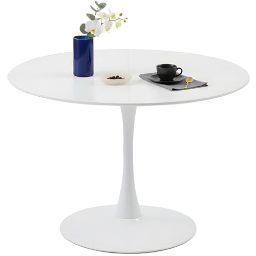 GOKHOMX Table à Manger Ronde Blanche 110 cm, Table de Cuisine Ronde pour 4 à 6 Personnes, Style Scandinave, Pied Central Métal Stable, pour Cuisine, Salle...