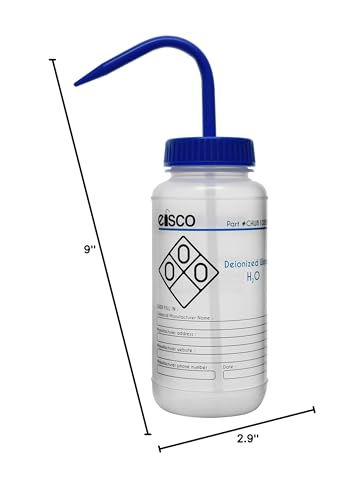 EISCO Wash Bottle for Deionized Water, 500ml - Labeled with Color Coded Chemical & Safety Information (2 Color) - Wide Mouth, Self Venting, Polypropylene - Performance Plastics Labs