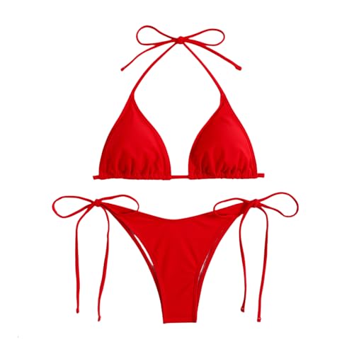 Traje de Baño de Dos Piezas Mujer Acolchada Clásico Ajustable Halter Triángulo Bikini Top Bikini con Almohadilla para el Pecho(Rojo Un tamaño)