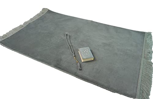 Tapis de prière en velours gris Lale Collection avec Coran et Tesbih 99 perles