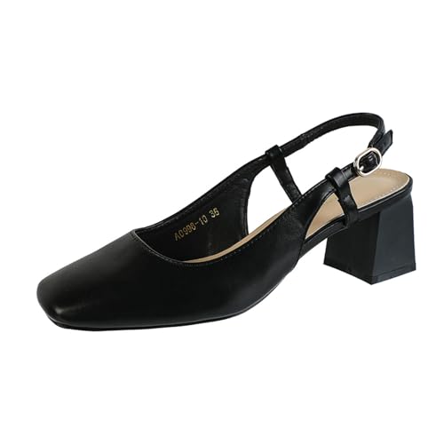 Women's Square Toe Leather Chunky Heel Slingback Formal Pumps Shoes,Comfortable Closed Toe Slip-On Adjustable Ankle Strap Block Heel Dress Shoes,for Wedding Party Dinner