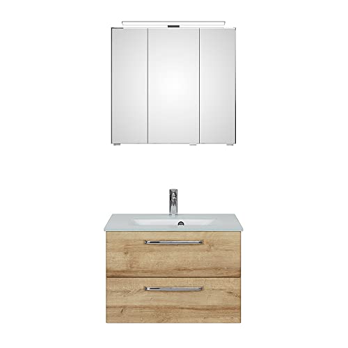 Lomadox Waschplatz Set Badezimmer Gäste WC mit Waschtisch 77 cm Glaswaschbecken Spiegelschrank Beleuchtung in Riviera Eiche Nb., B/H/T: ca. 77/200/50 cm