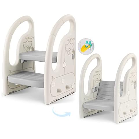 Onasti Toddler Step Stool for Bathroom Sink, Adjustable 2 Step Stop for Kids with Handles, Toilet Stool Potty Training, Plastic Ladder Toddler Helper Stool for Bedroom Kitchen Counter Grey White Cover