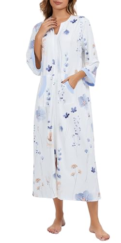 Image of Zipper Robes for Women 3 /4 Sleeve Housecoats Long Lightweight Bathrobe House Dress with Pockets