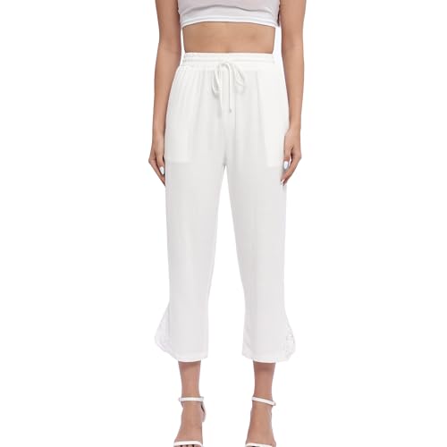 Women Casual Capri Pants with Lace Detail, Linen Blend Pants Cropped Trousers for Summer