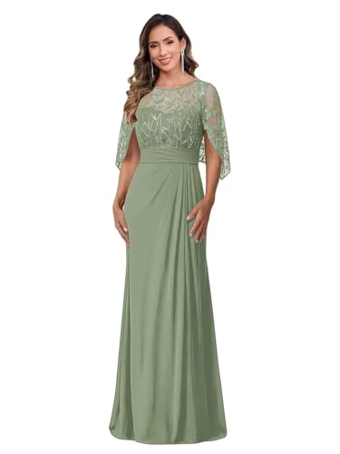 Image of Mother of The Bride Dresses - Long Chiffon Lace Appliques Cape Sleeve Ruched Waist Formal Evening Gown for Women