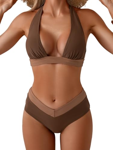 B2prity Women Halter Bikini Sets Sexy Deep V Neck Two Piece Swimsuits Color Block Bottom