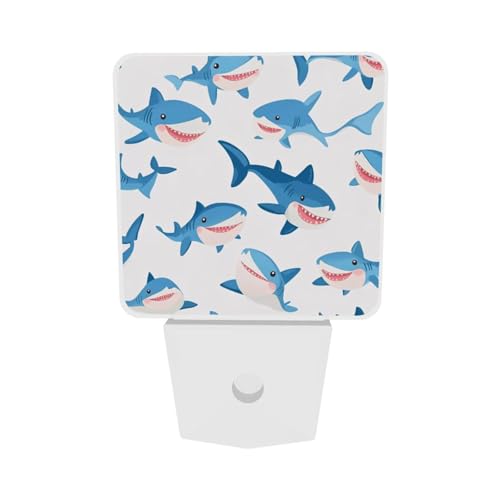 Image of Cartoon Blue Sharks LED Plug-in Night Lamp 2 Piece Set, Auto Sensor Nightlights Set of 2 for Bedroom Bathroom Corridors
