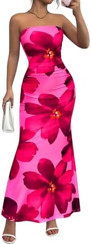 PRETTYGARDEN Womens Spring Dresses 2026 Sexy Strapless Tube Bodycon Mesh Ruched Floral Maxi Dress Wedding Club Outfits