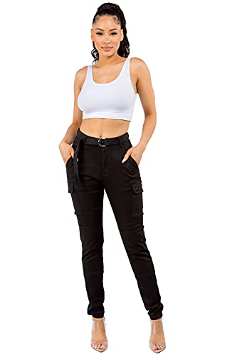 Twiinsisters Women's High Waist Slim Fit Color Cargo Joggers Pants With Matching Belt - Large, Black #TOP4