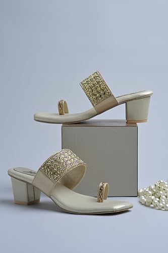 Image of JM LOOKS Women's Embellished Ethnic Heels Sandal with Toe Ring Design Comfortable Lightweight Heels for: Weddings, festive occasions.