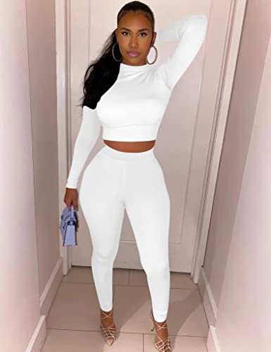 Kaximil Women's Workout Tracksuit 2 Piece Outfits Long Sleeve Crop Top High Waist Legging Pants Set2