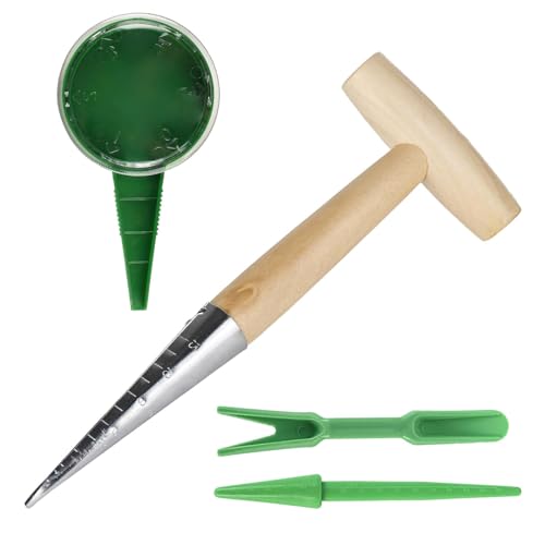4pcs Garden Dibber, Seed Planter Tool, Dibber For Planting Seeds, Two-Piece Seedling Extractor & Dark Green Seeder & Wooden Handle Stainless Steel Hole Puncher For Planting