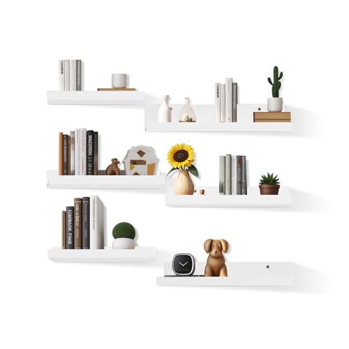 FURNITABLE Estantería de pared blanca, 6 unidades, 27-40 cm, estantería flotante de madera, color blanco, para montar en la pared, para marcos de fotos y decoraciones, adecuado para salón, baño