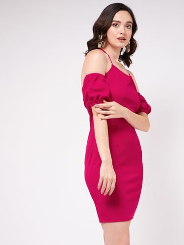 Image of Zima Leto Women's Pink Polyester Bodycon Mini Dress | Cold Shoulder Puff Sleeve Halter Neck | Stylish Party Dresses for Women Knee Length | Modern Western Dress for Casual, Festive & Cocktail Events