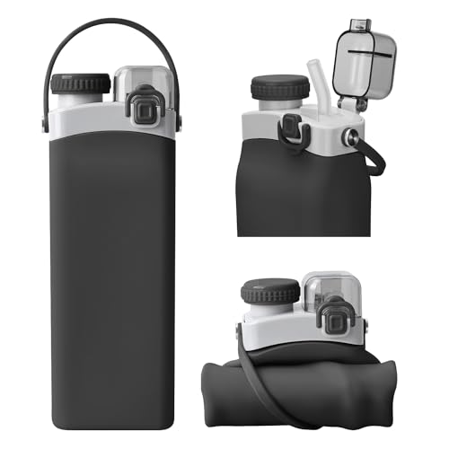 Nefeeko Faltbare Trinkflasche, 600ml Silikon Wasserflasche mit Strohhalm, Mehrweg Auslaufsichere Wasserflasche BPA Frei Sport Trinkflasche für Reisen Camping Yoga Schule Outdoor (Schwarz)