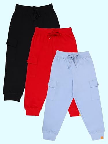 Image of KiddoPanti Boys Cotton Joggers | 100% Cotton Single Jersey | 2 Side Cargo Pockets with Flap | Elasticated Waist Band with Functional Drawcord | Soft & Breathable Track Pants