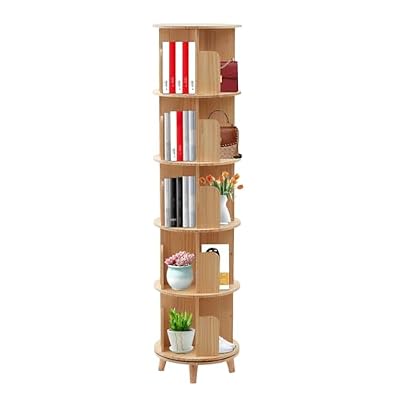 NOEUKDSSO 5 Tier Rotating Bookshelf, Solid Wood Rotating Bookshelf 360° Rotating Floor-Standing Storage Display Rack for Living Room, Office, Bedroom
