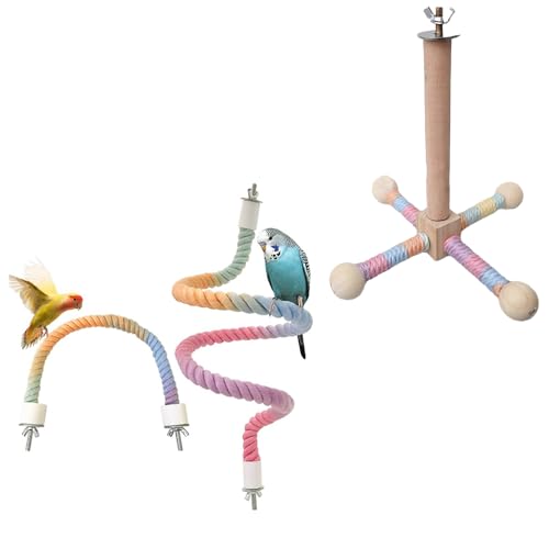 Bird Stand Spinning Perch with Rope Perch Set for Small Medium Birds Rotating Wooden Perch with Colorful Bendable Rope Perches for Parakeets Cockatiels Lovebirds Budgies Conures Easy to Install