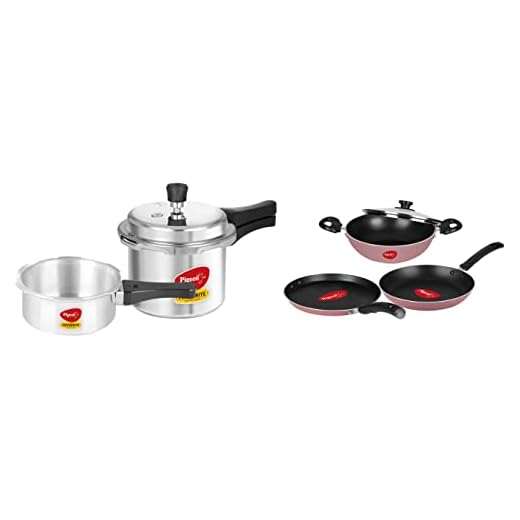 Pigeon by Stovekraft Basics Aluminium Non-Stick Cookware Set, Set of 3 (with one lid), Pink & Mini Combi Aluminium Cookware Set, 2-Pieces (2+3 litres), Silver Combo