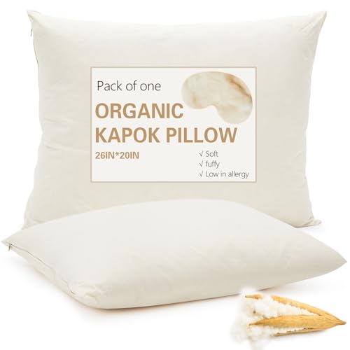 Leinuosen 1 Pack Organic Kapok Pillow 26 x 20 Natural Kapok Fiber Filled Sleeping Pillows with Breathable Cotton Shell Adjustable Height Soft and Supportive for Comfort Sleeping(Classic)