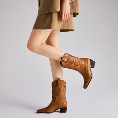 Image of Metallic Cowboy boots for Women Embroidered Mid Calf Womens Cowgirl Boots Western Pointed Toe Chunky Heel