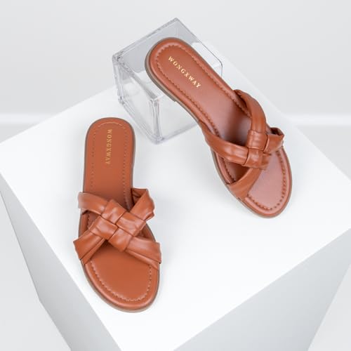 WONGXWAY Women Knotted Slide Sandals Cross Strap Dressy Sandals Cute Comfy Open Toe Slip On Sandals(Brown,7) — view 4