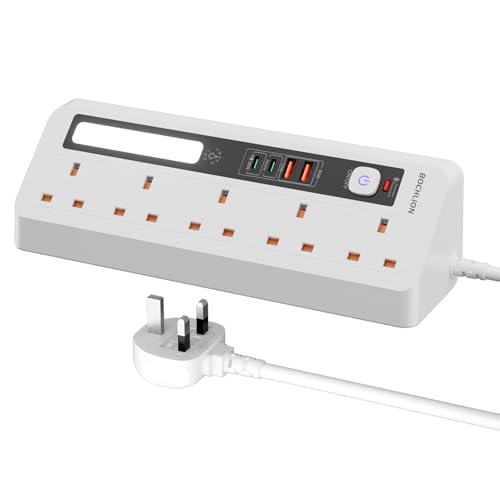 Desk Extension Lead with USB Slots, BOCHLION PD 35W + PD 20W Fast Charging Power Station with Night Light, 5 Way Plug Extension Socket Surge Protector, Desktop Power Strip 1.8M for Home Office-White