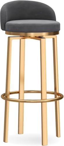 Juego de 2 taburetes giratorios de terciopelo modernos, taburetes altos ergonómicos tapizados con respaldo, reposapiés con marco dorado, taburetes de cocina para isla o hogar (gris, 1 unidad, 65 cm)