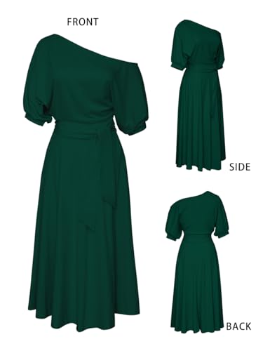 Image of Women's Off Shoulder Short Sleeve Cocktail Swing Dress | Elegant Wedding Guest, Midi Length, Asymmetrical Neck, Belted, Front Side Slit, Side Pockets, Formal Occasions, Day to Night