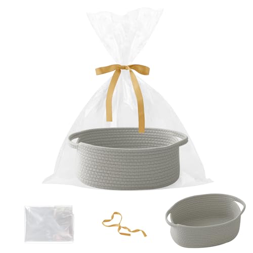 Image of Woven Rope Basket - Baby Gift Basket with Bag & Ribbon, Grey