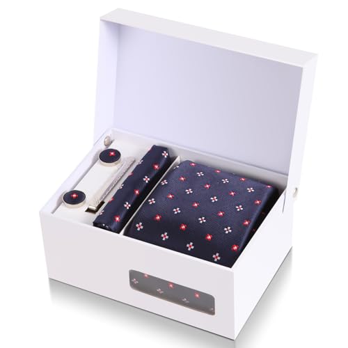 Mens Striped Plaid Polka Dot Tie Formal Necktie Pocket Squares Ties Clips Cufflinks Classic for Men Set